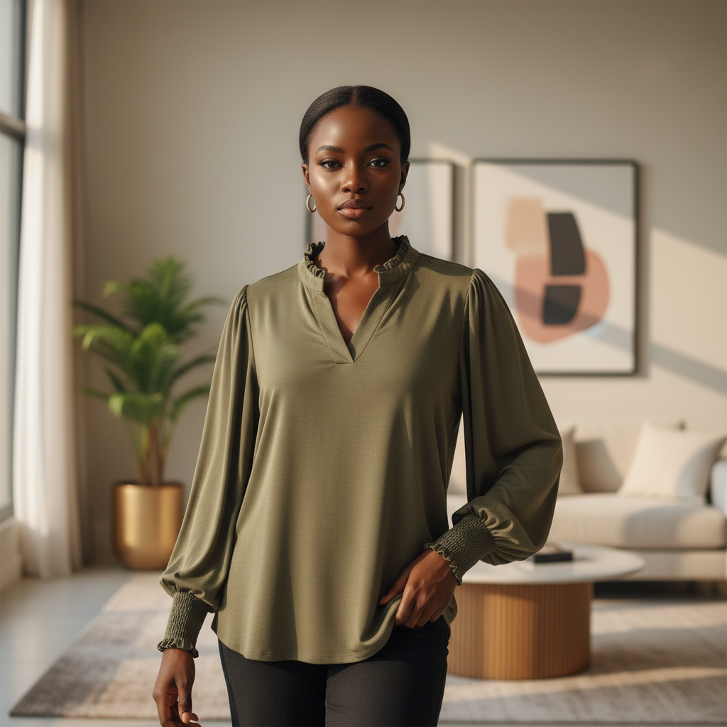 Olive Green Bishop Sleeve Blouse – Model Shot