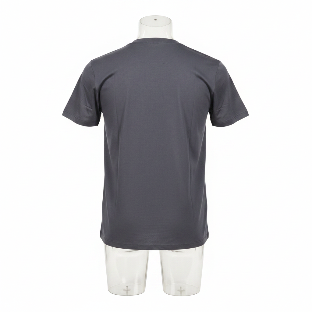 Ghost mannequin back view of charcoal grey T-shirt