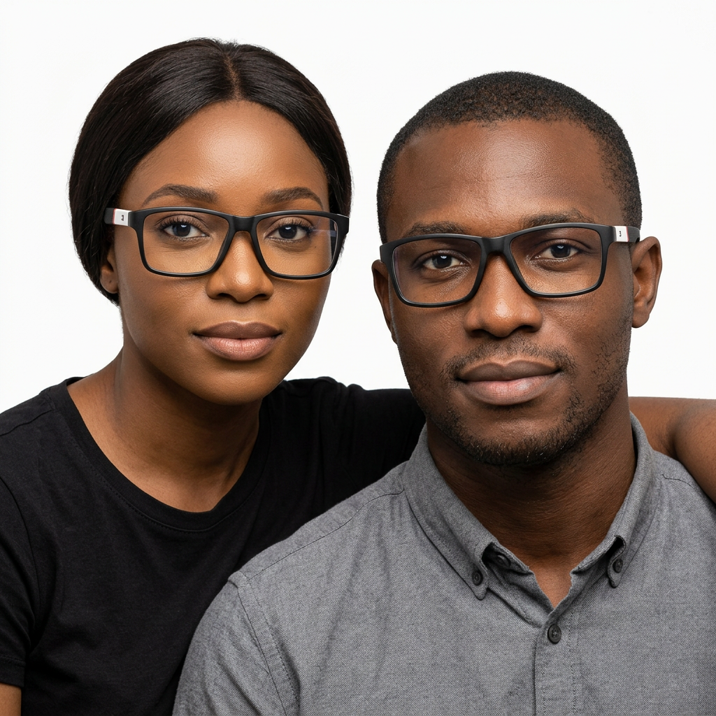 Black adult woman and man wearing black rectangular clear-lens eyeglasses with white arms