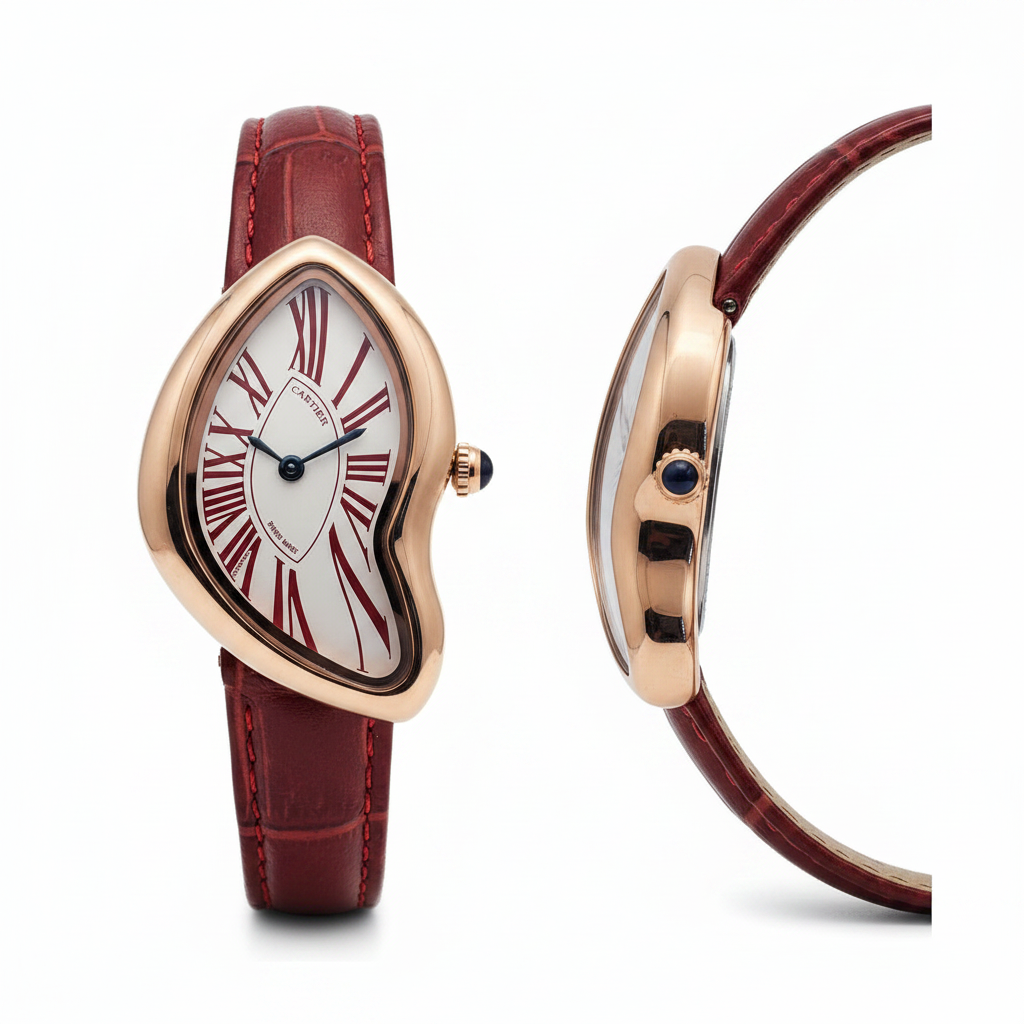 Asymmetric rose gold watch front and side view product shot