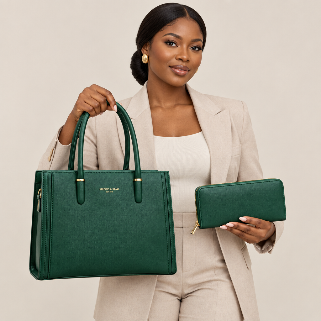 Model holding forest green tote bag and matching wallet