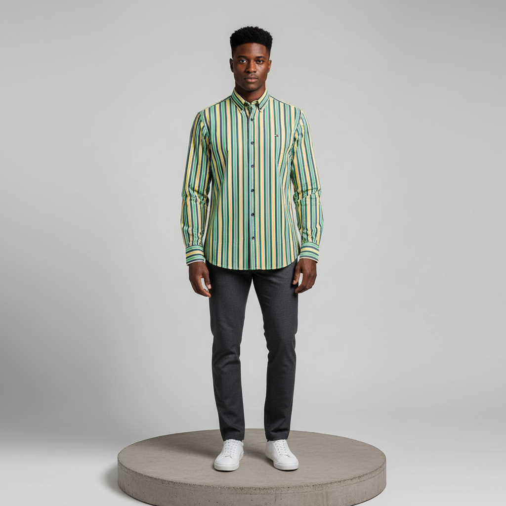 Yellow Green Navy Striped Long-Sleeved Shirt - Model Shot