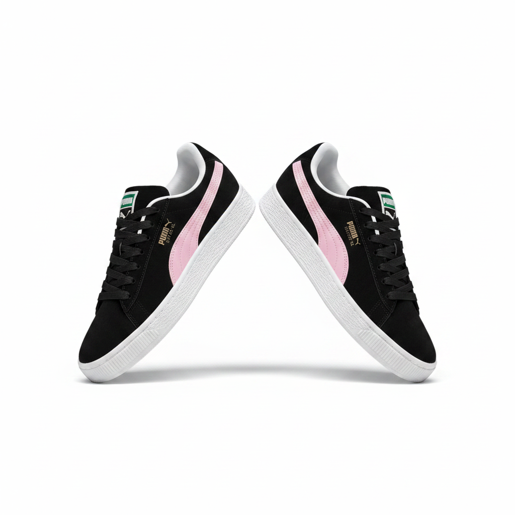 Puma Suede Classic black and pink sneaker creative ghost mannequin product shot, plain white background