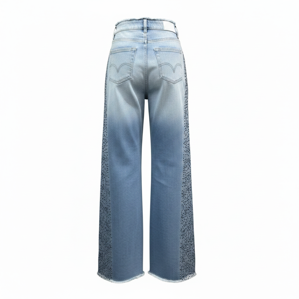 Light Blue Rhinestone Side Panel Wide-Leg Jeans – Ghost Mannequin Back