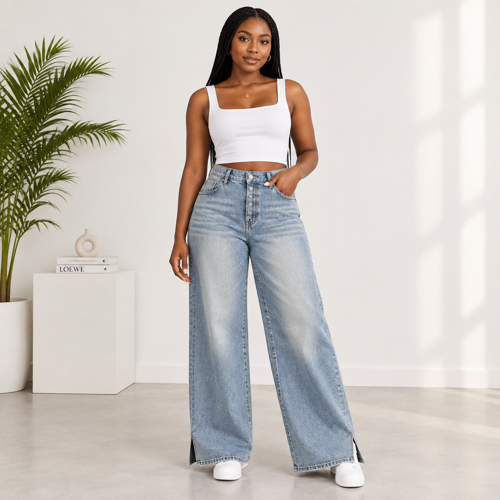 Young Black Nigerian woman wearing faded blue washed wide-leg denim jeans