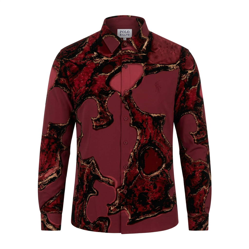 Burgundy marble-print long-sleeve shirt ghost mannequin on white