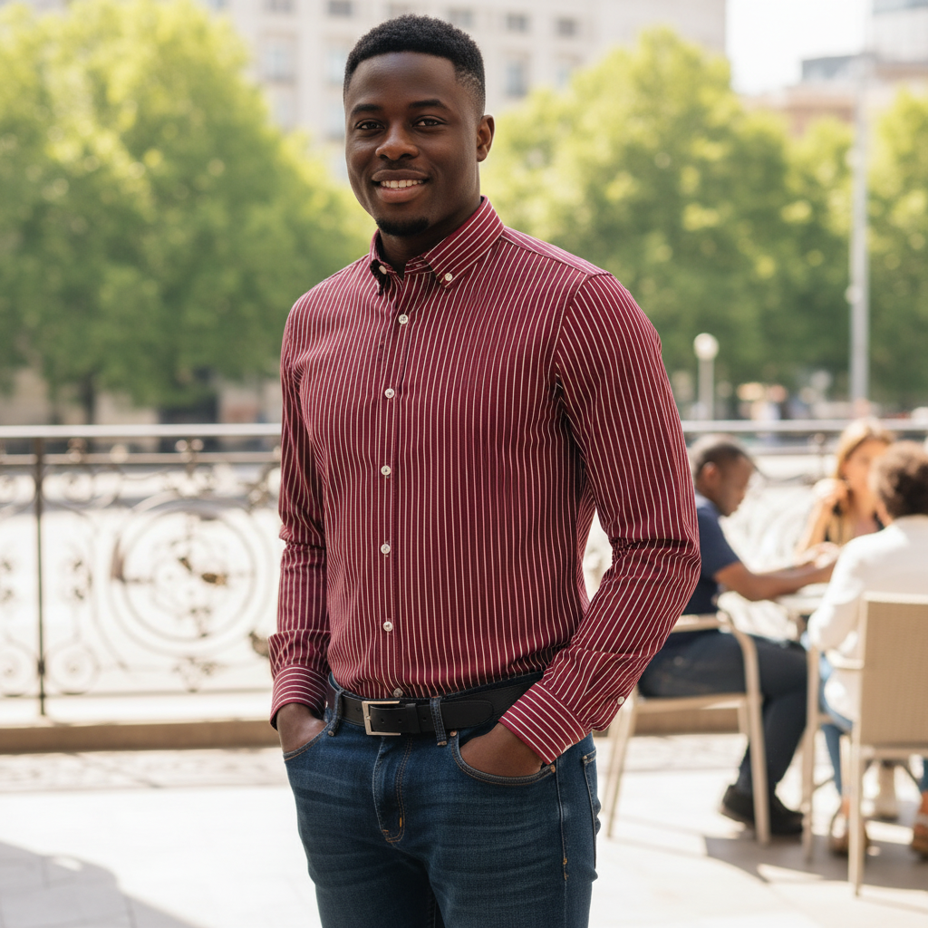 Nigerian male model wearing Burgundy Fine White Pinstripe Long-Sleeve Button-Down Shirt