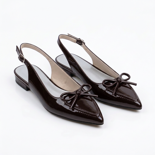 Pair of glossy coffee-brown bow slingbacks on white background