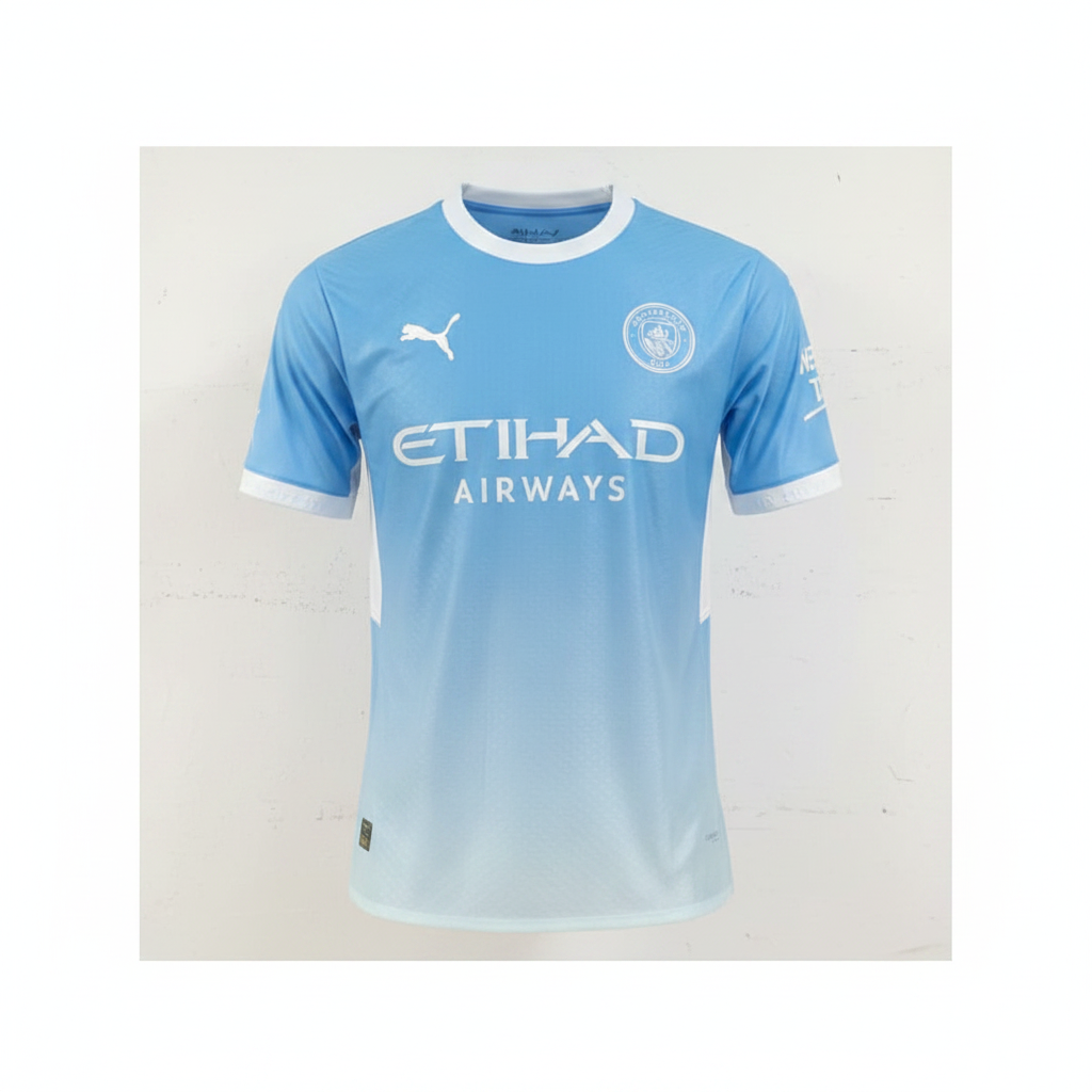 Sky blue gradient football jersey ghost mannequin front view - white collar and cuff trim, silver chest print