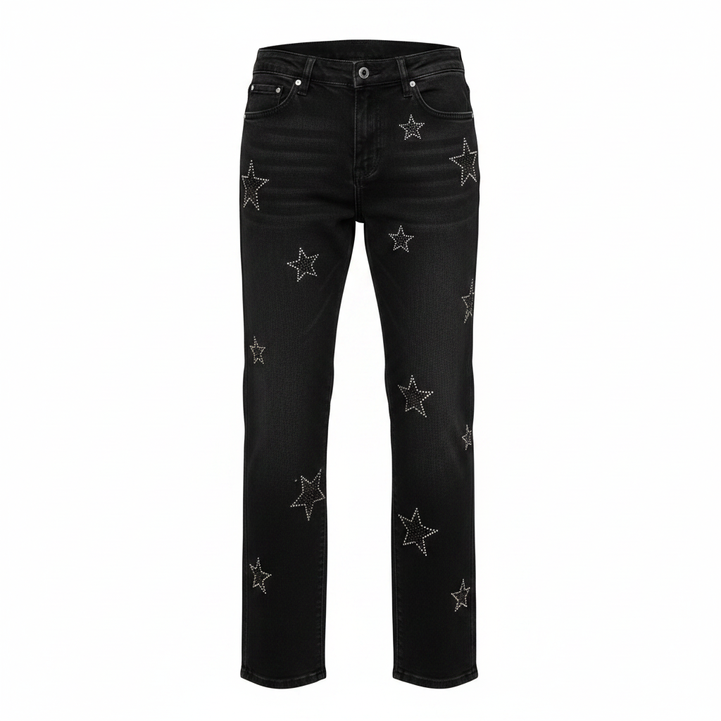 Ghost mannequin — Women's Black Rhinestone Star Embellished Denim Jeans