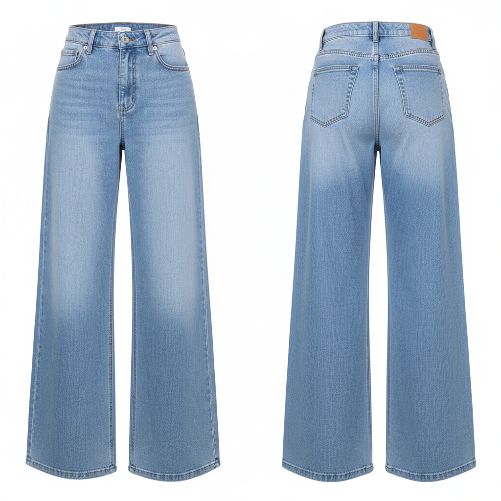 Ghost mannequin front and back view of light blue wide-leg palazzo jeans