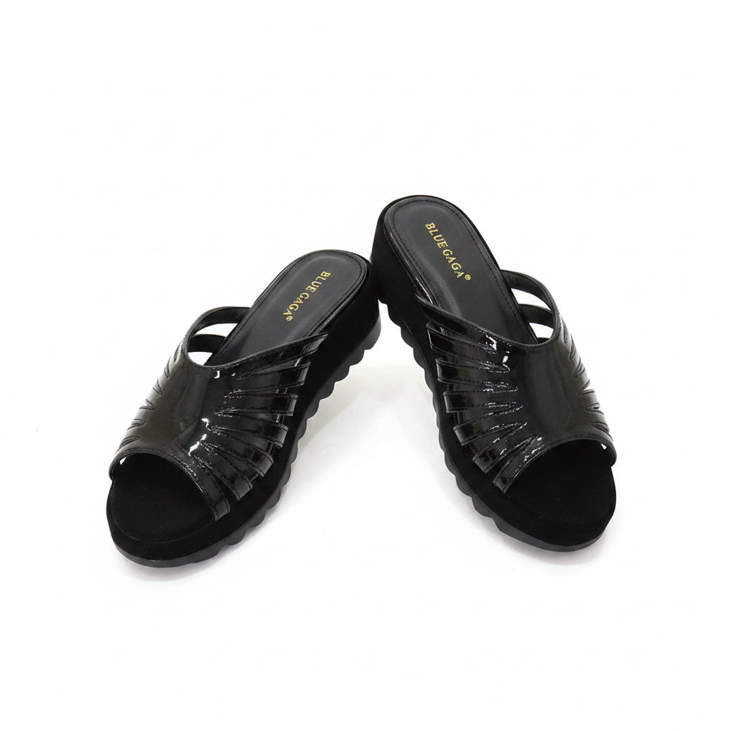 Ghost mannequin pair view of black patent leather multi-strap fan cage wedge slide mules