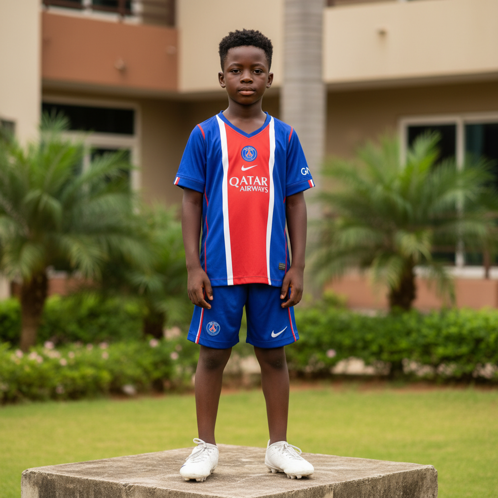 Nigerian child model wearing blue & red vertical stripe football jersey set with white football boots