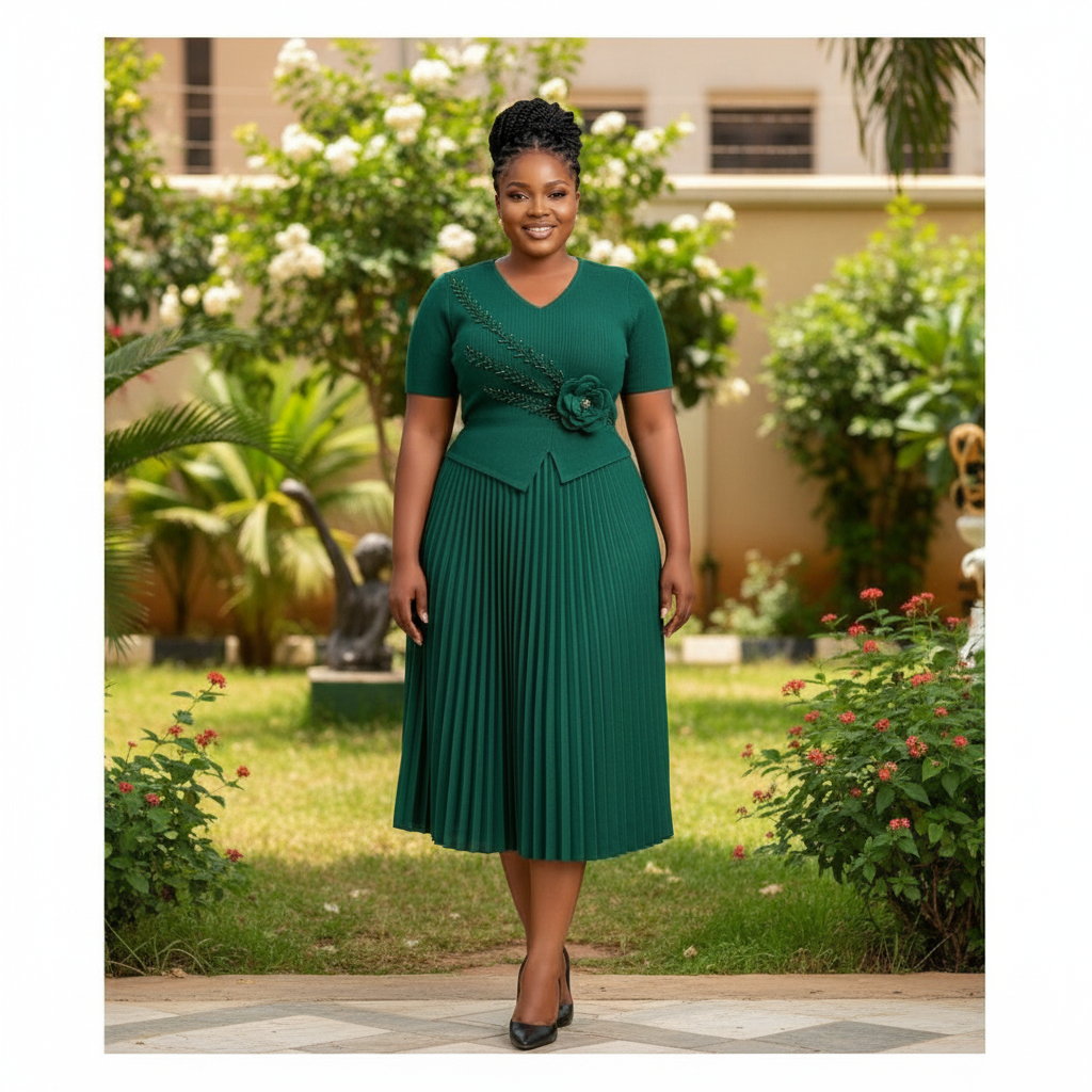Nigerian female model wearing forest green pleated midi gown with rose corsage in upscale garden setting