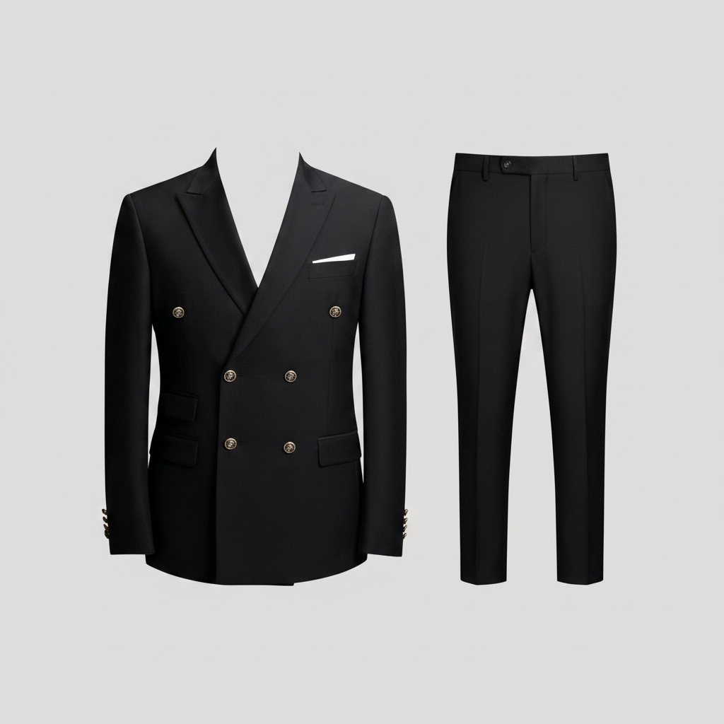 Men's black double-breasted suit jacket and trousers side by side ghost mannequin