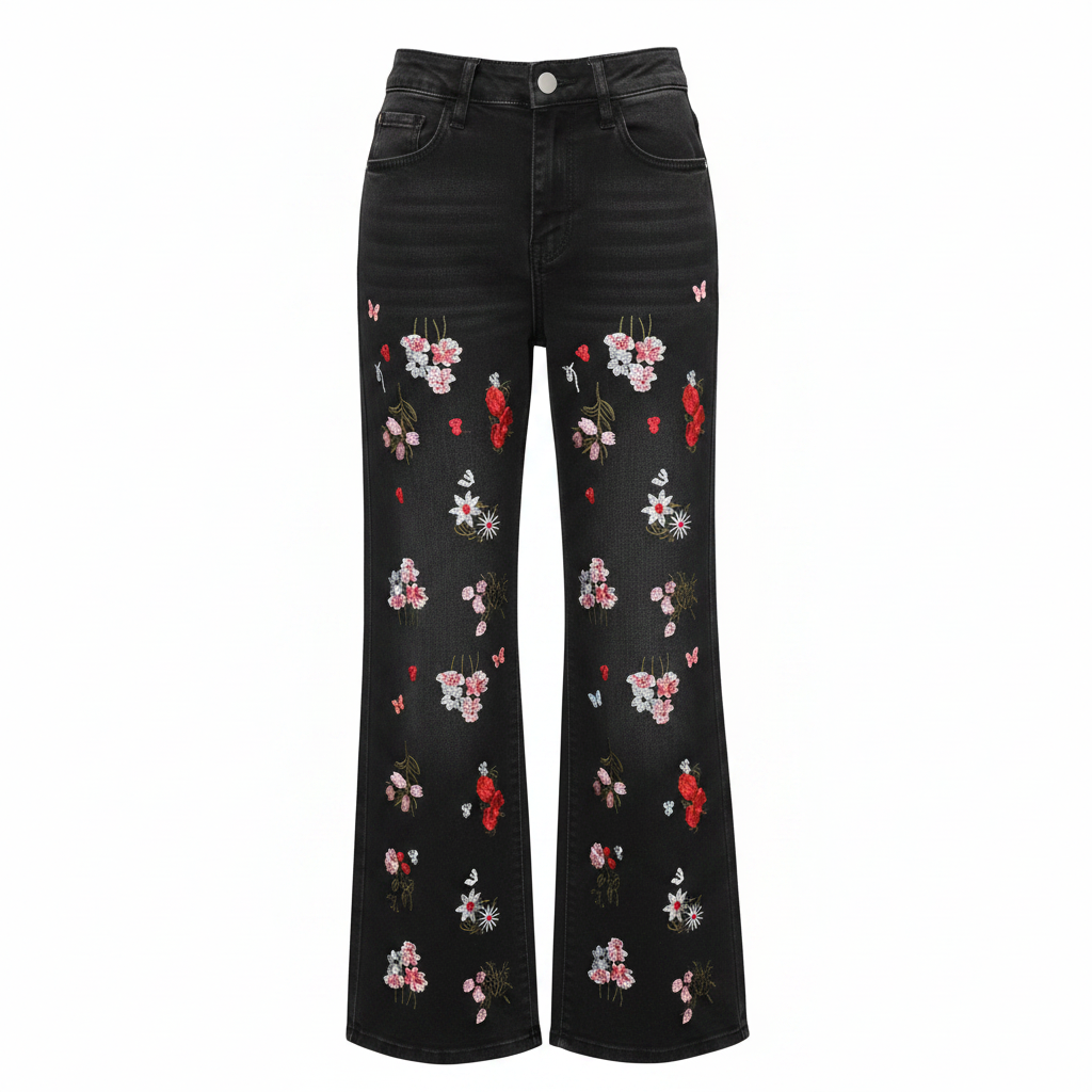 Black Floral Embroidered Wide-Leg Jeans - Ghost Mannequin Front