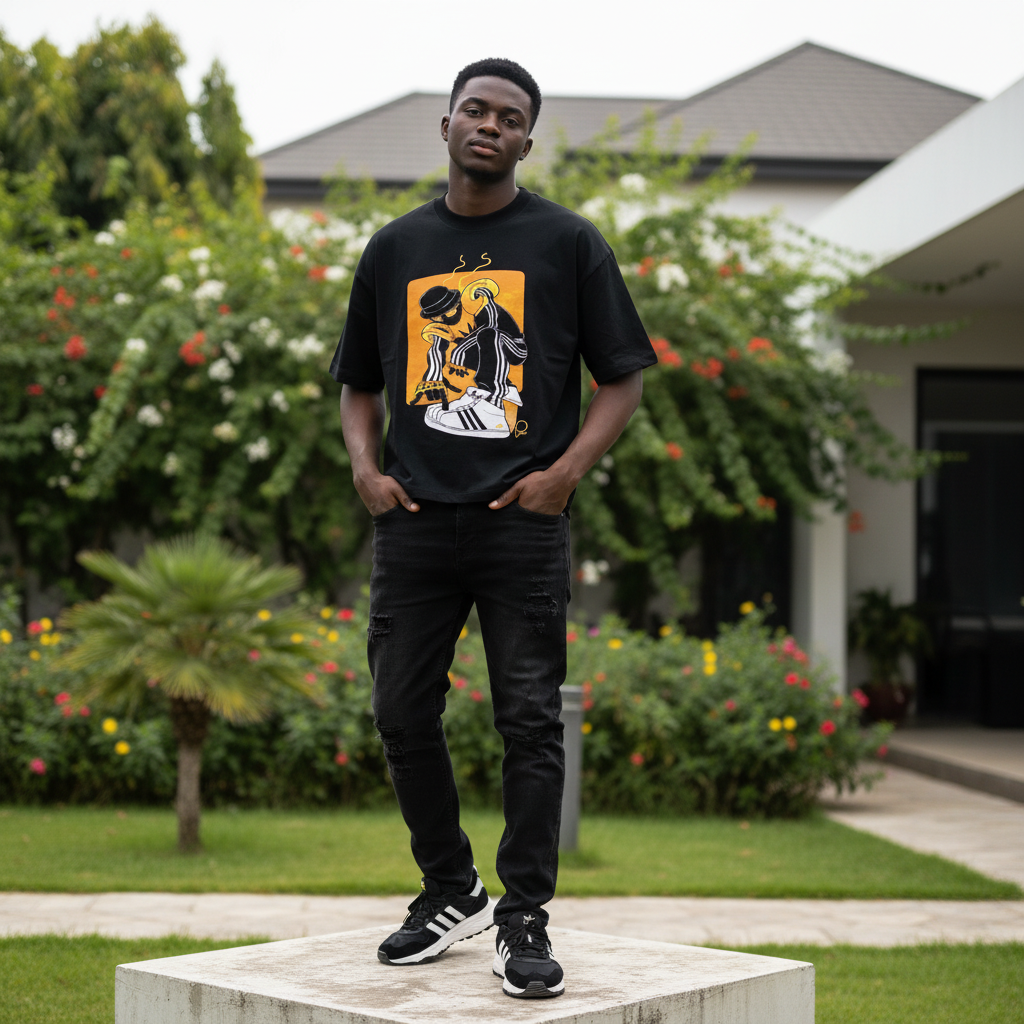 Men's Black Cropped Oversized Illustrated Graphic T-Shirt – Nigerian Male Model Shot
