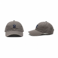 Muted grey dad cap with navy blue block letter R embroidery – ghost mannequin front and side view