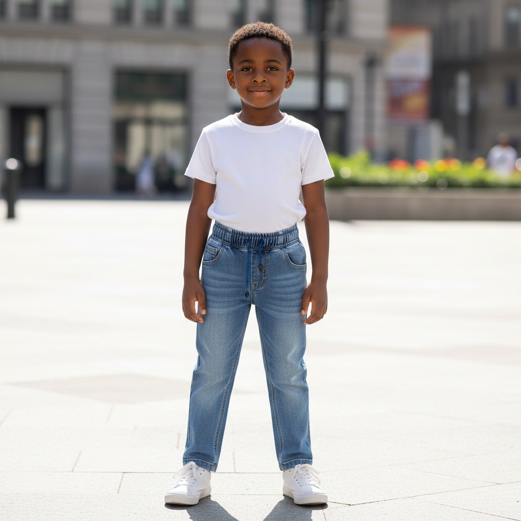 Young Nigerian boy wearing light blue comfort denim jeans