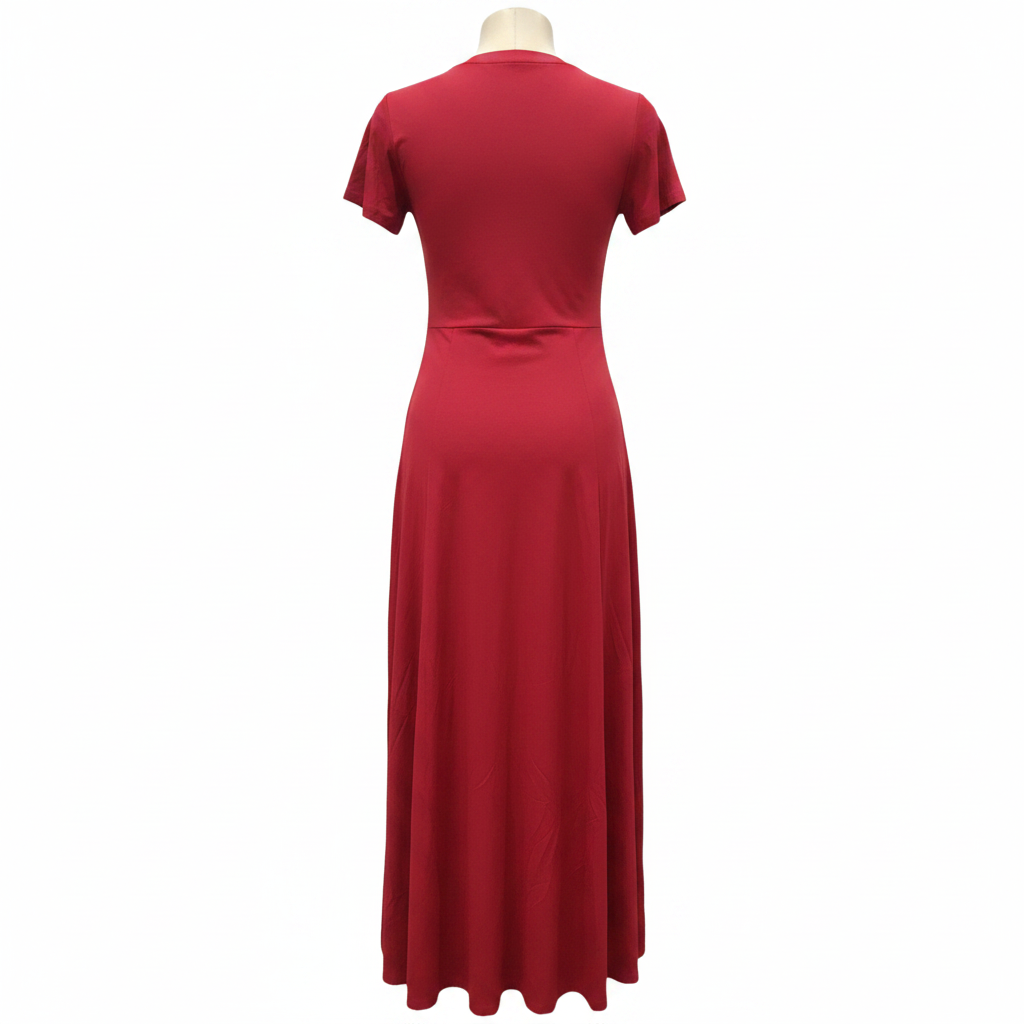 Women's red short-sleeve flared maxi dress - ghost mannequin back view