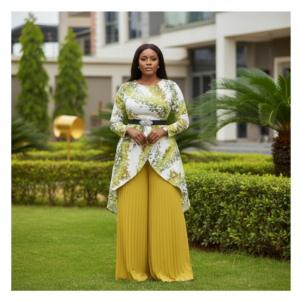 Nigerian female model wearing green leaf print top and mustard yellow pleated palazzo trousers set