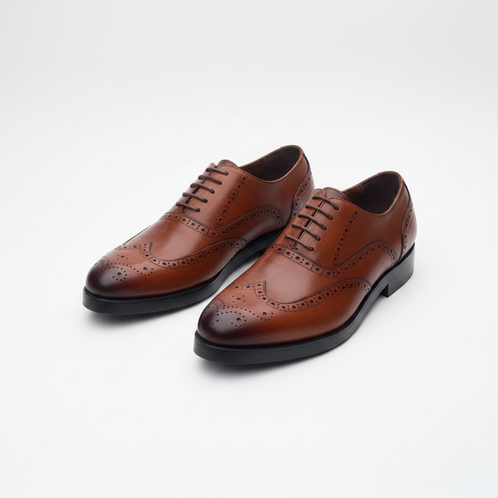 Tan burnished leather wingtip brogue oxfords, centred on a plain off-white background