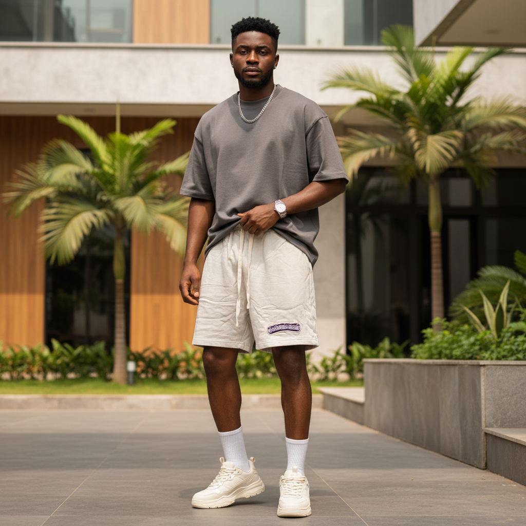 Nigerian male model wearing off-white gothic patch heavy fleece shorts — full body streetwear shot