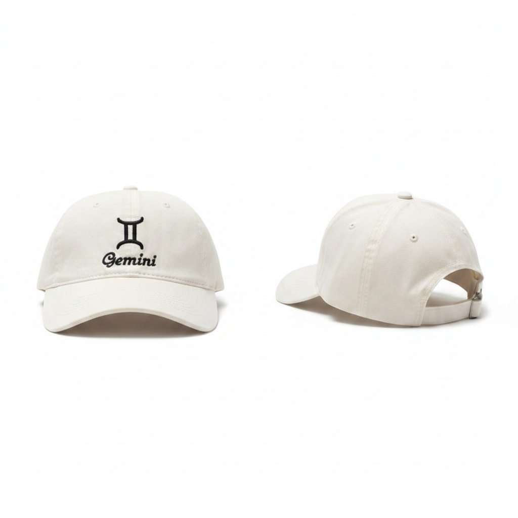 Cream off-white dad cap with black Gemini zodiac embroidery ghost mannequin front and rear-side view