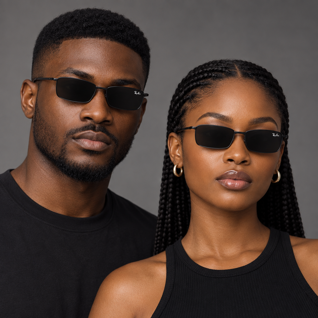 Black rectangular sunglasses worn by a Black adult man and woman