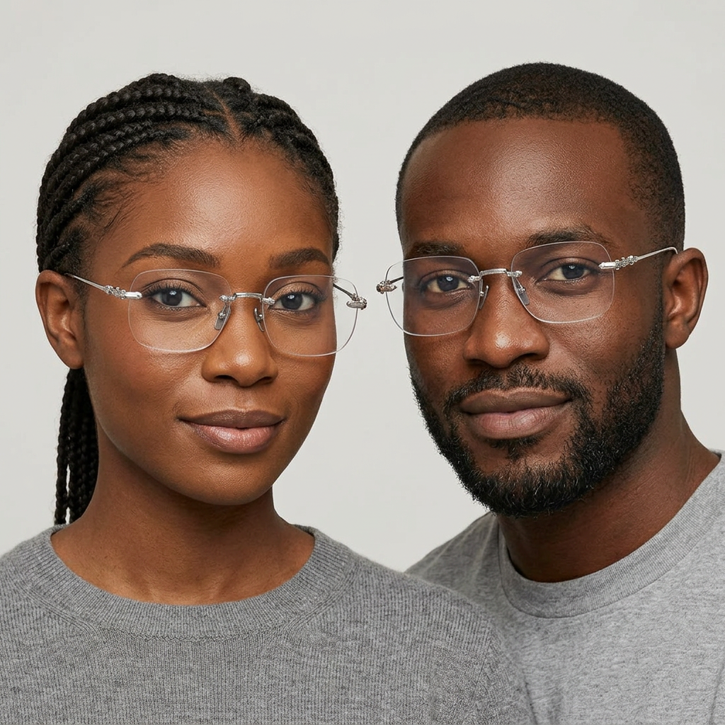 Silver-tone rimless eyeglasses shown on two Black adult models