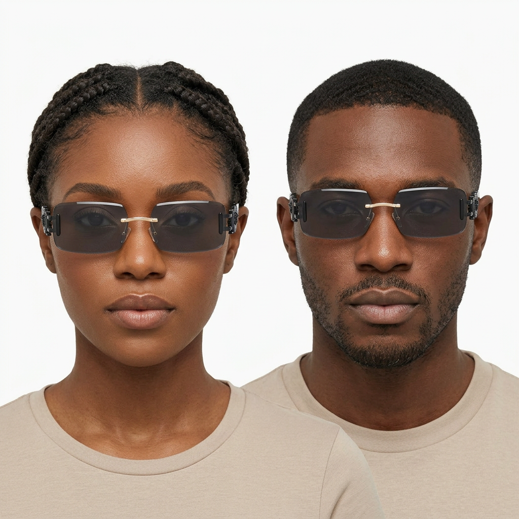 Black adult woman and man wearing smoke-grey rectangular sunglasses with gold-tone bridge and black temple details