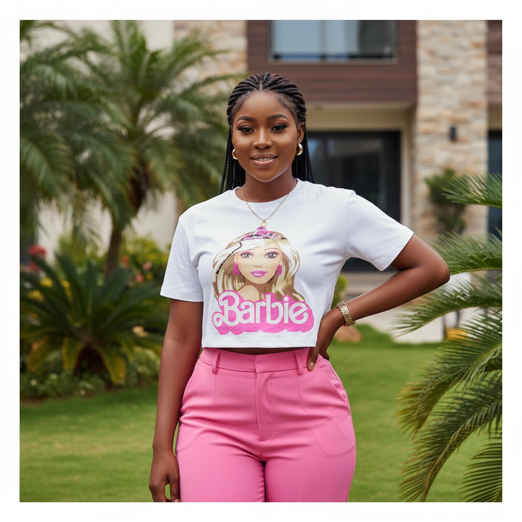 Women's White Barbie Graphic Crop Top — Model Shot