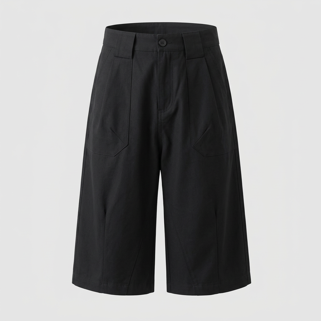 Black pleated patch-pocket shorts, front ghost mannequin view