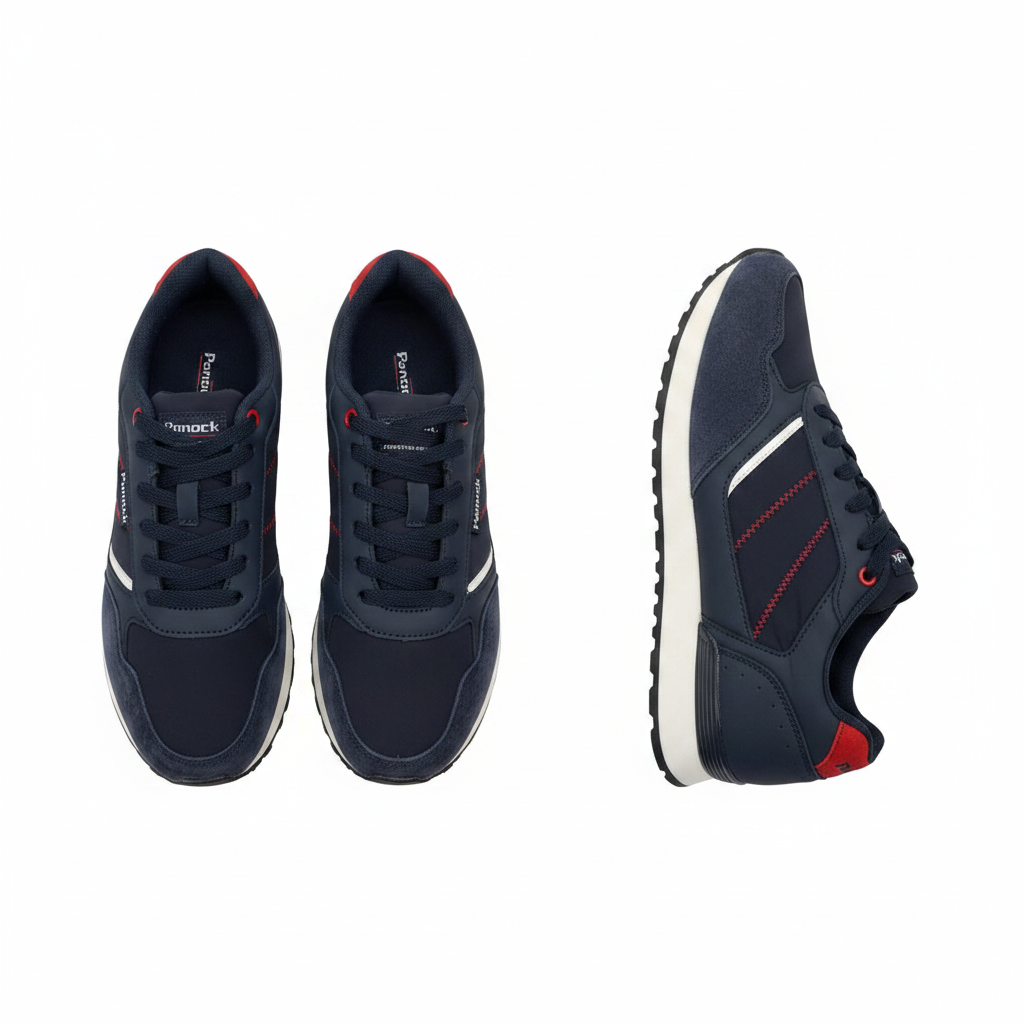 Men's navy blue leather lace-up sneaker with red accent ghost mannequin front and side view pair