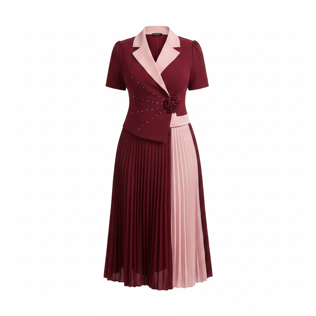 Women's burgundy and blush colour-block pleated midi gown – ghost mannequin front view