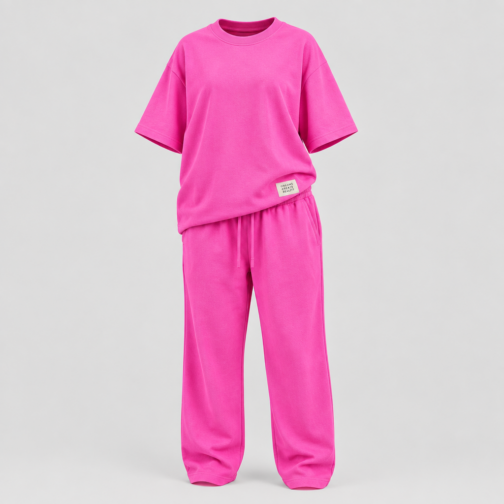 Hot pink oversized t-shirt and jogger tracksuit set, ghost mannequin front view
