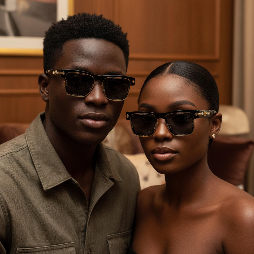 Square Half-Rim Sunglasses Black Gold – Unisex Model Shot Together