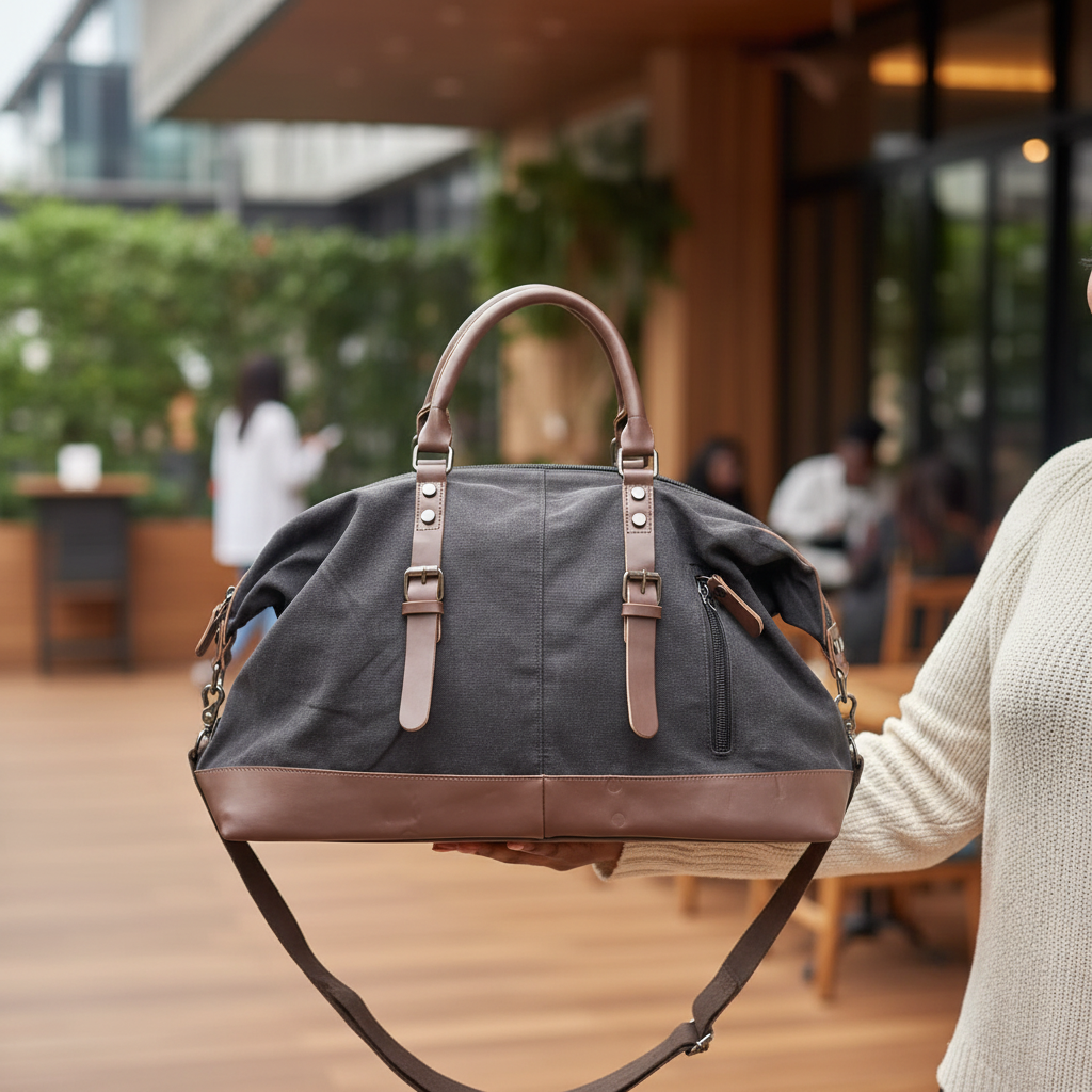 Female model holding leather handbag