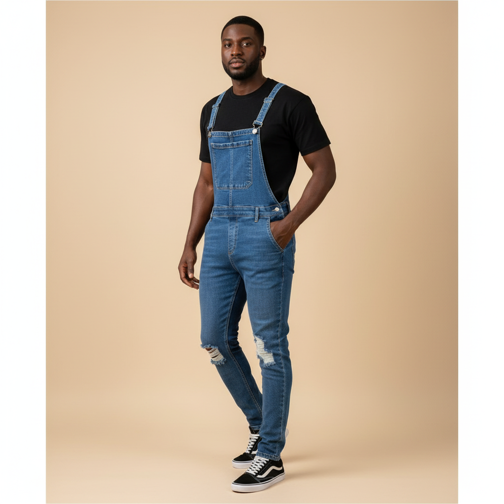 Man wearing mid-blue denim bib overalls with ripped knees over a black t-shirt