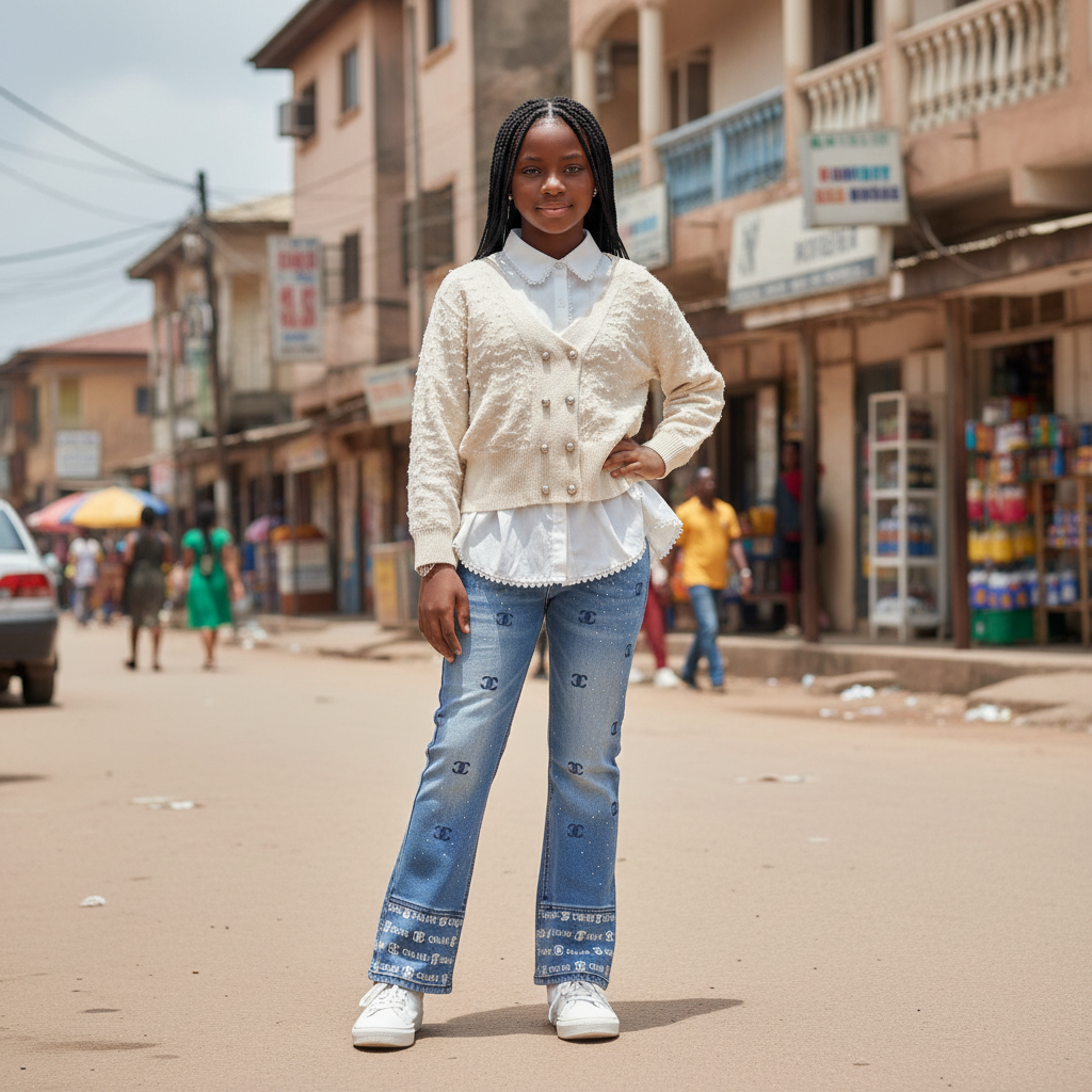 Nigerian girl model wearing knit cardigan and monogram jeans set