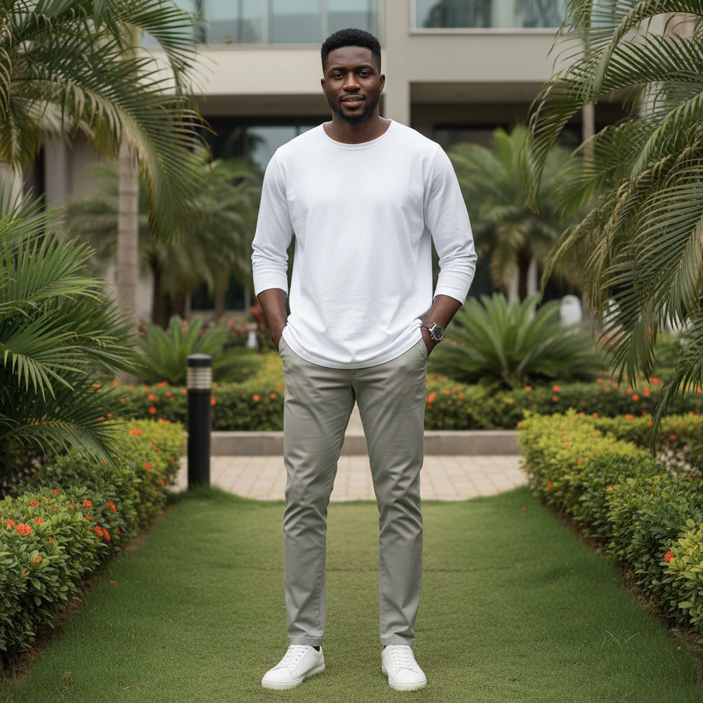 Nigerian male model wearing grey slim-fit chino trousers in outdoor setting