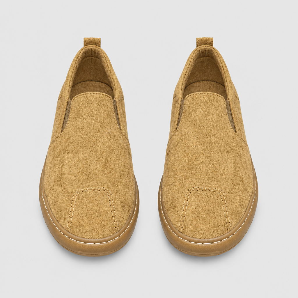 Beige textured slip-on shoes with stitched rounded toes and matching soles