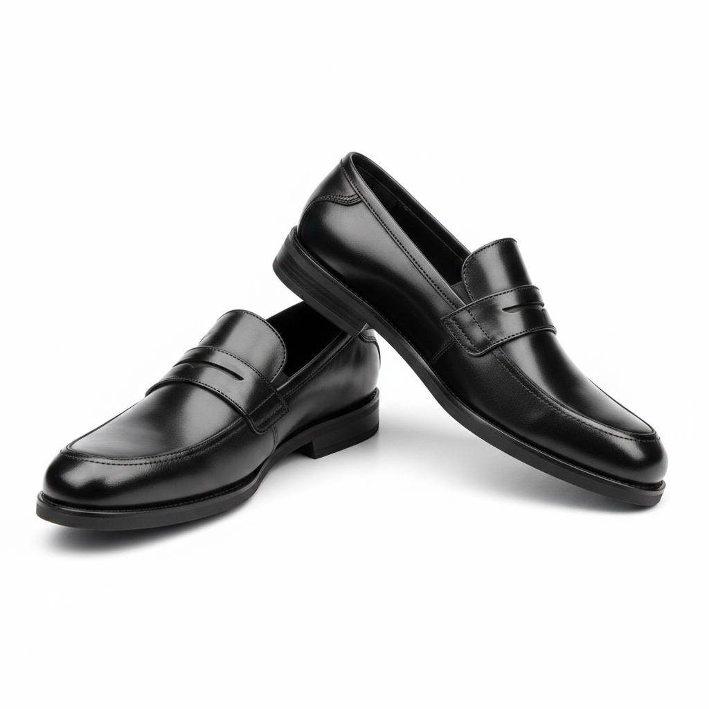 Clarks all-black high-shine plain penny loafer ghost mannequin product shot, plain white background