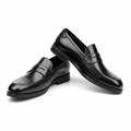 Clarks all-black high-shine plain penny loafer ghost mannequin product shot, plain white background