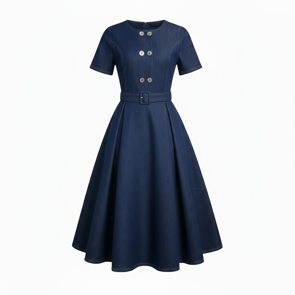Navy Blue Belted Denim Dress - Ghost Mannequin