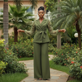 Olive Green Ruched Sleeve Peplum Blazer Set - Front Model View