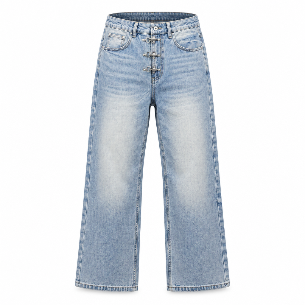 Men's light wash wide-leg hook-clasp jeans ghost mannequin