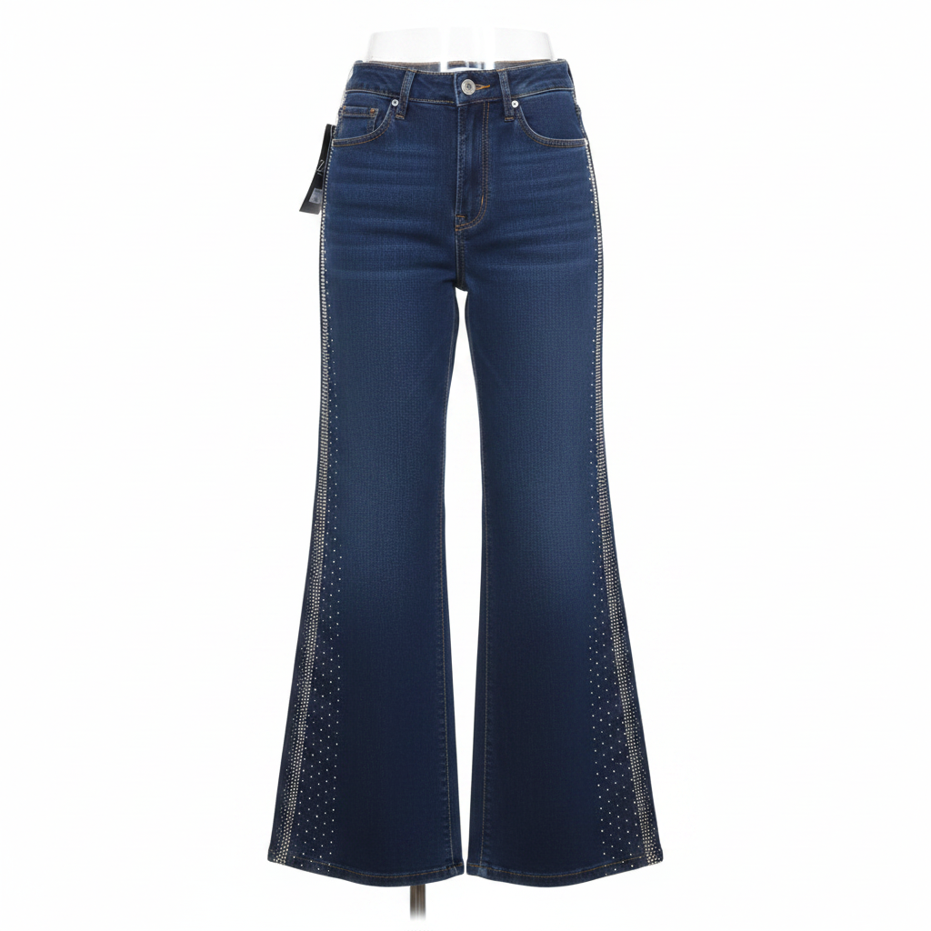 Navy Rhinestone Side-Panel Wide-Leg Denim Jeans - Ghost Mannequin Front