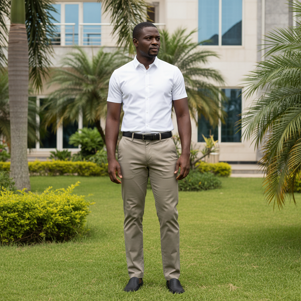 Nigerian male model wearing khaki trousers in outdoor setting