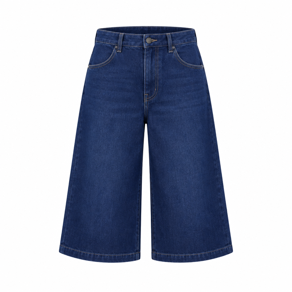 Dark indigo wide-leg denim long shorts, ghost mannequin front view